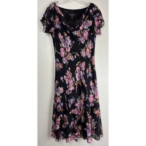 Spenser Jeremy Silk Floral Midi Dress Black Pink Purple Cowl Neck Y2K Sz 14 2124